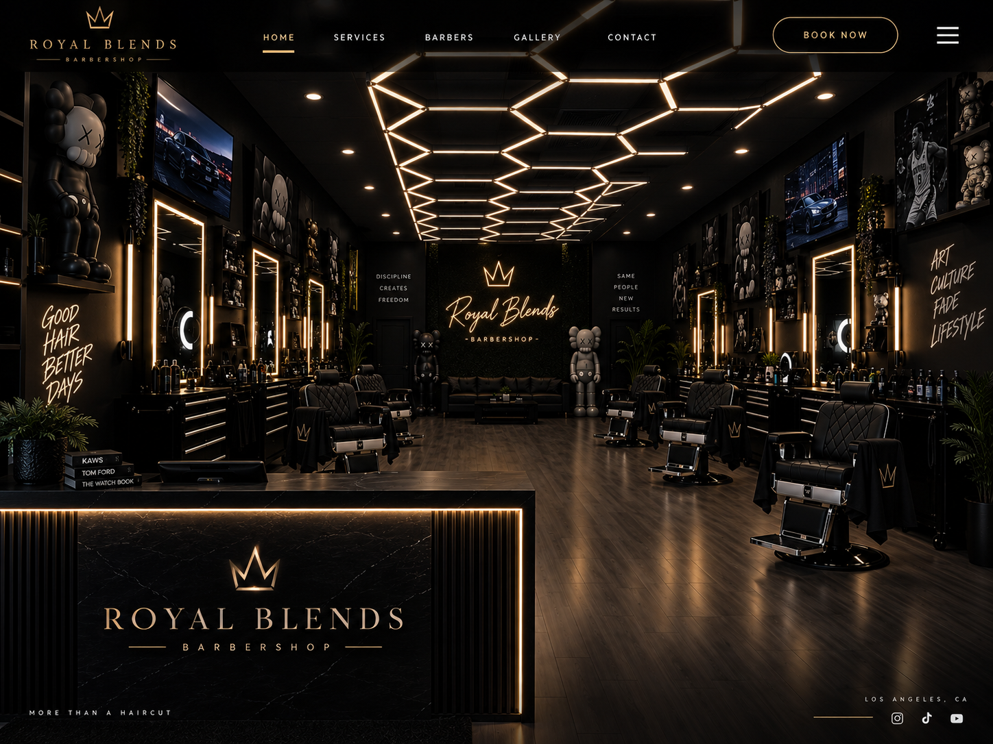 Premium barbershop interior with gold lighting and vintage chairs